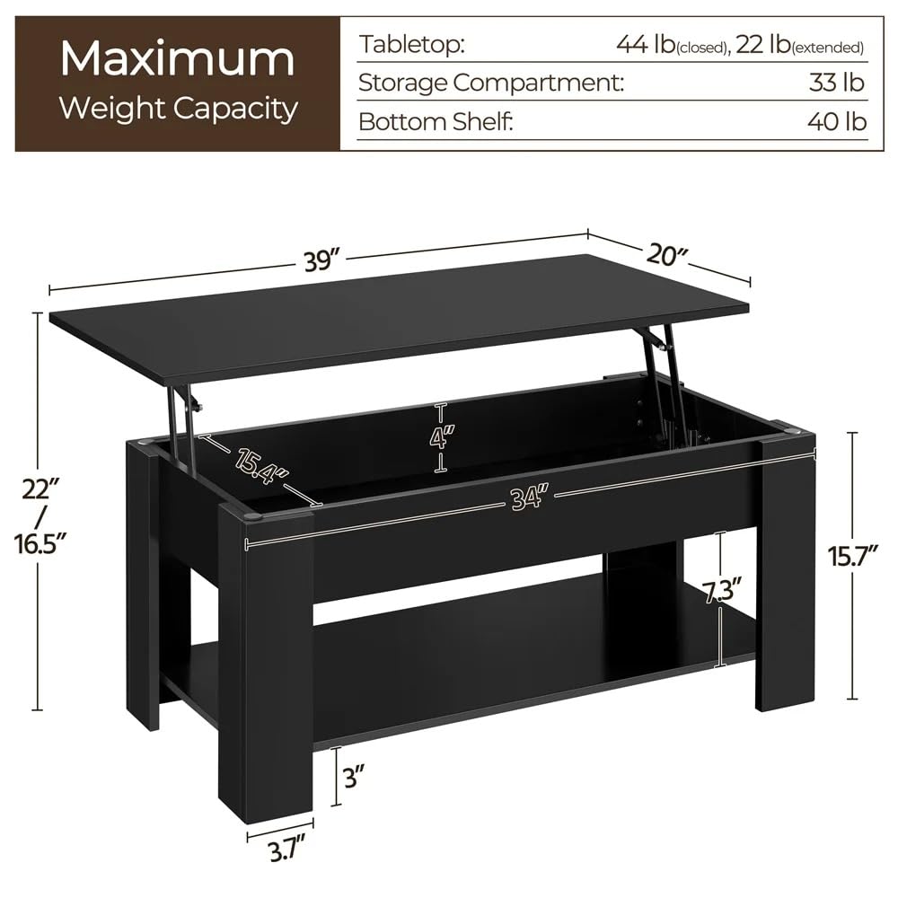 Coffee Table with Lift Top, Lift Table Dining Center Table with Lower Shelf, Modern Wooden Coffee Table for Living Room, Study, Office, Small Space (Black)