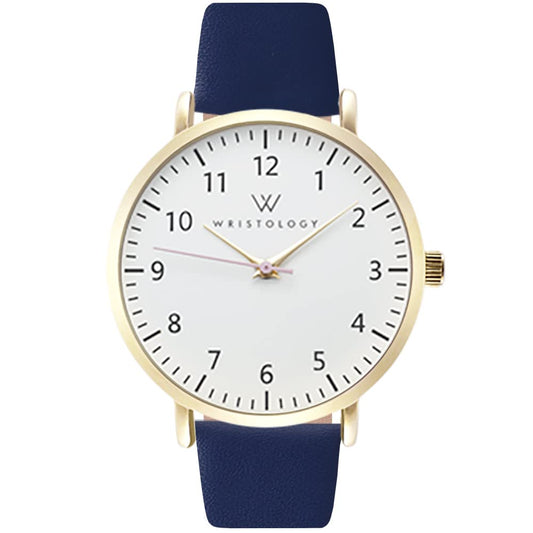 Wristology Numbers Womens Nurse Watch Leather Strap in Gold - Interchangeable Navy Blue Genuine Leather Band Watch - Large Easy Read Analog Watch for Women, Men, Nurses, Teachers OC047