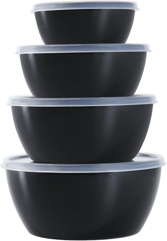 4-Piece Classic Plastic Prep Bowls with Lids, Nesting Plastic Small Mixing Bowl Set for Mixing, Baking, Prepping, Cooking and Serving Food, Microwave and Dishwasher Safe (Black)