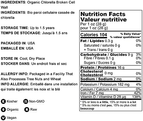 Food to Live Organic Chlorella Powder, 1 Pound — Non-GMO, Kosher, Raw Green Algae, Vegan Superfood, Bulk, Pure Vegan Green Protein, Rich in Vitamins and Minerals, Great for Drinks, Broken Cell Wall