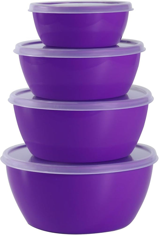 4-Piece Classic Plastic Prep Bowls with Lids, Nesting Plastic Small Mixing Bowl Set for Mixing, Baking, Prepping, Cooking and Serving Food, Microwave and Dishwasher Safe (Purple)
