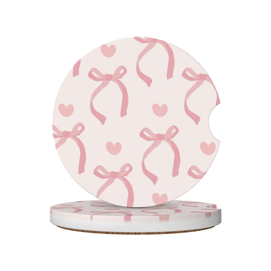 Pink Bow Love Heart Car Cup Holder Coaster 2 Pack Absorbent Ceramic Car Coasters for Cup Holders Car Accessories Interior for Women Men Universal Anti Slip Cork Base Cup Coasters with Finger Notch