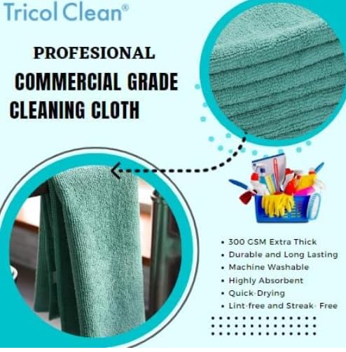 Tricol Clean Professional Extra Thick Commercial Grade Microfiber Cleaning Cloth, Green, Pack of 240