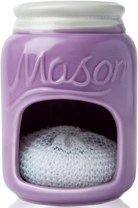 Comfify Ceramic Sponge Holder – Purple Farmhouse Sink Caddy – Mason Jar Kitchen Accessory – Includes Free Sponge