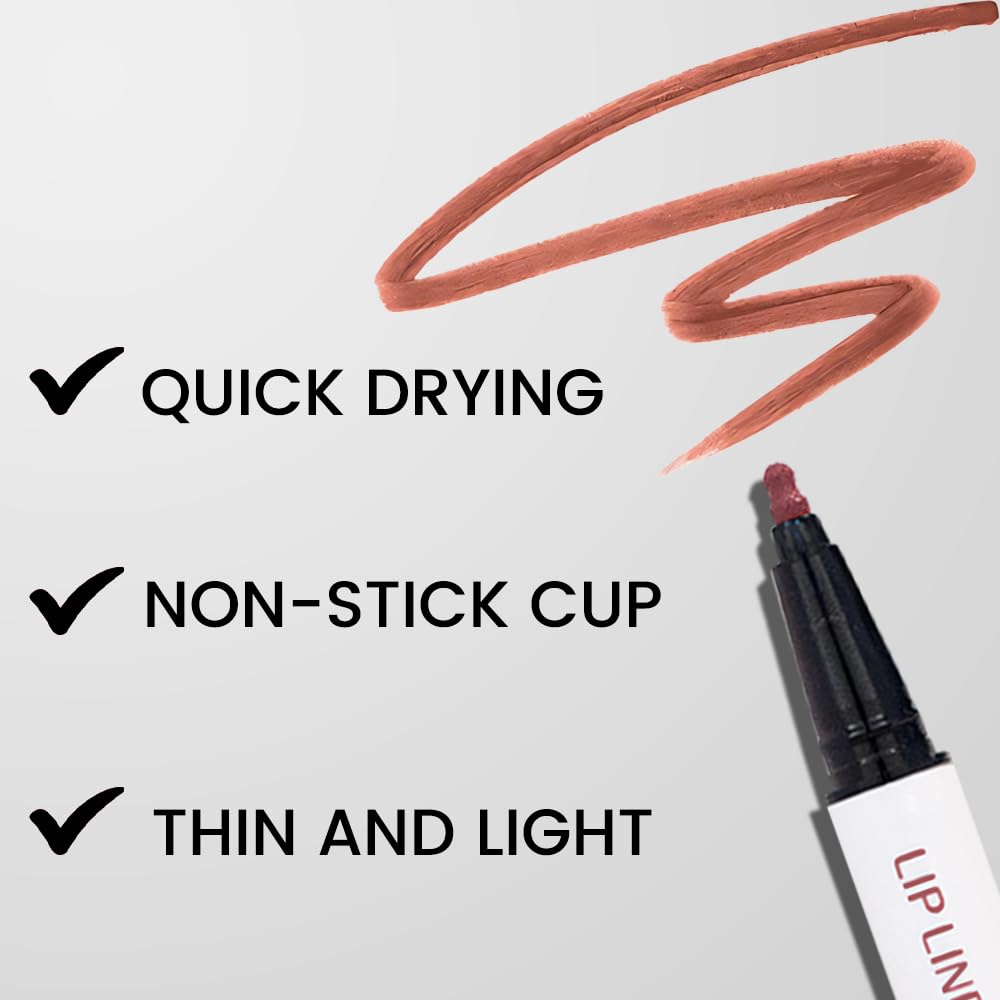 2Pcs Longwear Liquid Lip Liner Stain Marker Pen Set Long Lasting Waterproof, Mocha Nude Brown Matte Semi Permanent 24 Hour Lip Liner and Lipstick Combo, Color Stay Lipliner All Day Lip Stains peel off