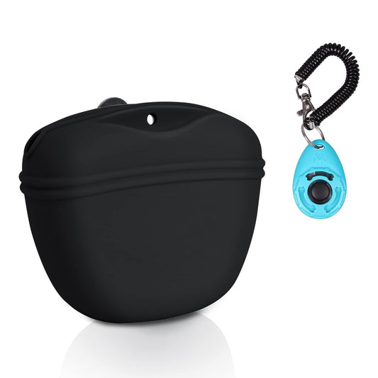 Left&Right Dog Clicker Training Kit,Silicone Dog Training Treat Pouch and Dog Clickers,Dog Treat Bag with Clicker Training for Dogs,Pet Treat Bag with Magnetic Buckle Closing and Waist Clip,Black
