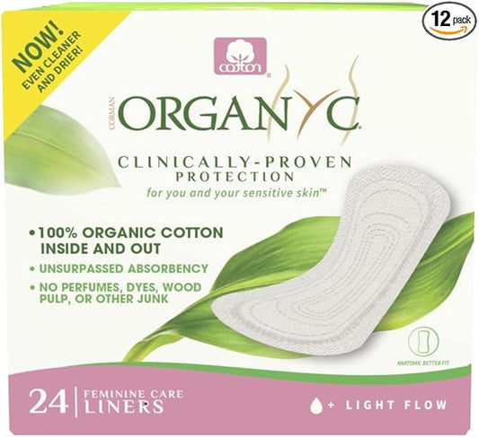 Organyc 100% Certified Organic Cotton Inside and Out Folded Panty Liner, Ultra Thin, Light Flow, 12 Pack of 24 Count, Bulk/Case Pack