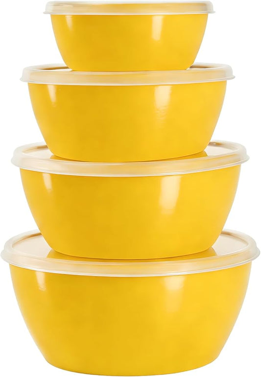 4-Piece Classic Plastic Prep Bowls with Lids, Nesting Plastic Small Mixing Bowl Set for Mixing, Baking, Prepping, Cooking and Serving Food, Microwave and Dishwasher Safe (Yellow)