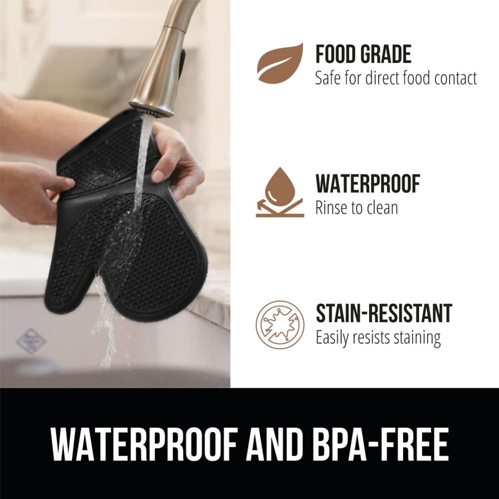 GORILLA GRIP BPA-Free Soft Silicone Oven Mitts, 14.5x8.3, Heat Resistant and Waterproof Cooking Gloves, Thick Cotton Lining, Flexible Gripping for Baking Grilling, Kitchen Potholders Set of 2, Black