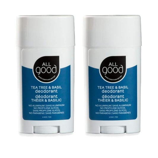 All Good Aluminum Free Deodorant Stick - Natural Deodorant w/Shea Butter & Aloe Vera, Bio-Active Formula, Vegan, Underarm Odor Protection for Men & Women (Tea Tree & Basil)(2-Pack)