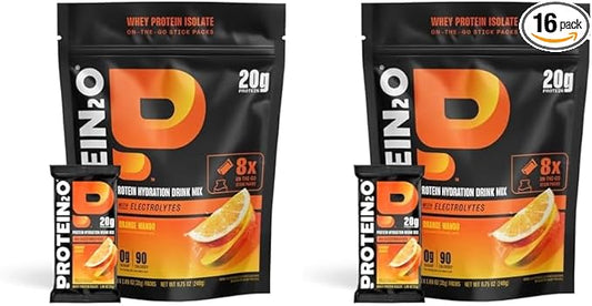 Protein2o 20g Whey Protein Isolate Clear Protein Powder, 370mg of Electrolytes, Vitamins B5 & B6, Sugar Free, Orange Mango, 16-Pack