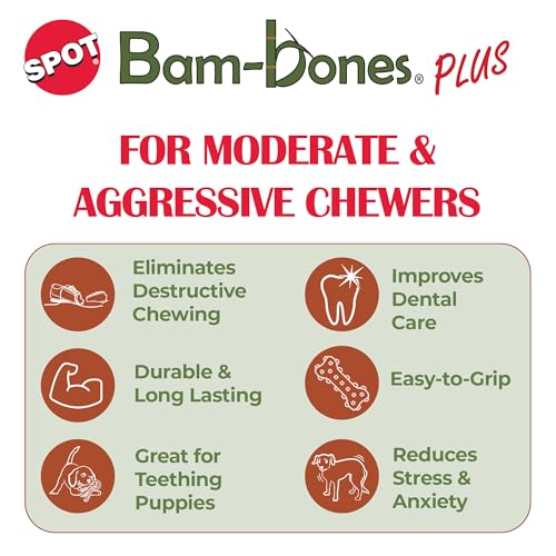 SPOT Bam-Bones Plus Branch -Bamboo Fiber & Nylon, Durable Long Lasting Dog Chew for Aggressive Chewers – Great Toy for Adult Dogs & Teething Puppies Under 60lbs, Non-Splintering, 5.75in, Beef Flavor
