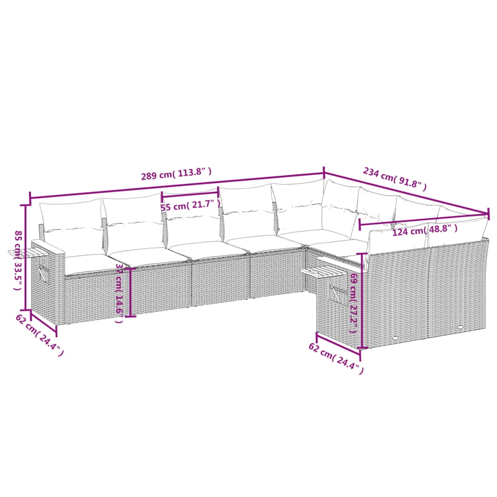 vidaXL Garden Sofa Set Grey PE rattan 9 Piece Set Adjustable Armrests