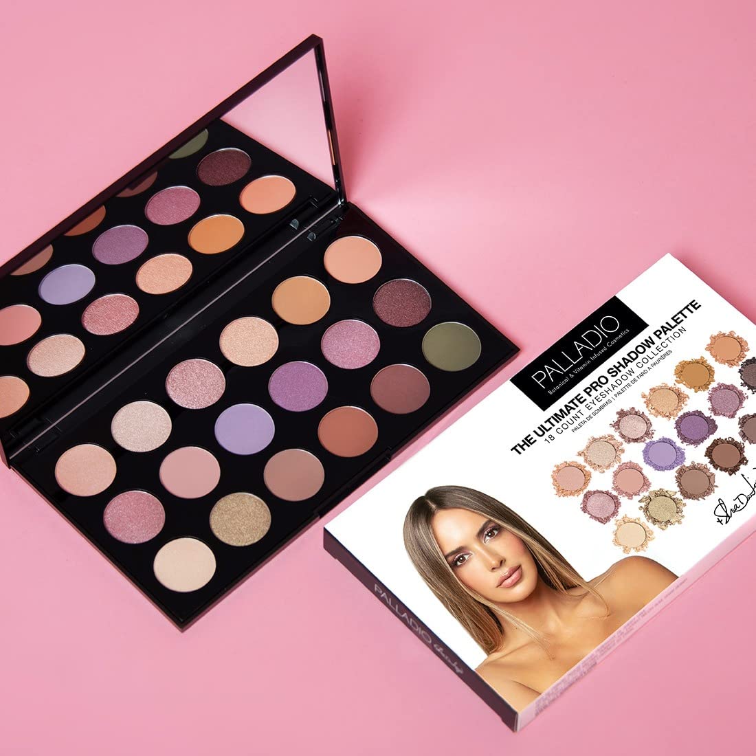 Palladio Ultimate Pro Eyeshadow Makeup Palette with Mirror, 18 High-Pigmented Powder Colors, Matte, Shimmer, Metallic, Satin Finishes, SHANNON DE LIMA
