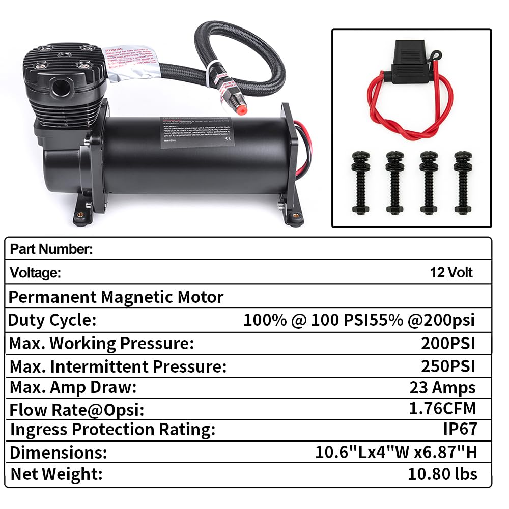 ZHSYMX Heavy Duty 200 PSI Air horn Compressor, 1/4 NPT Train Horn/Air Ride Compressor, Fittings for 12V Train/Truck/Car,Air Suspension BLACK