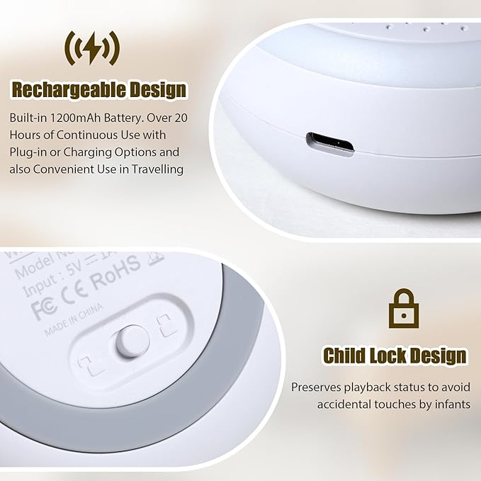 USB Rechargeable Baby Sound Machine with Night Light – 20 Calming Tracks, Lullabies & Rain Sounds | White Noise Baby Machine & Music Box for Newborns, Infants & Kids | Soothing Music, Sleep Sounds