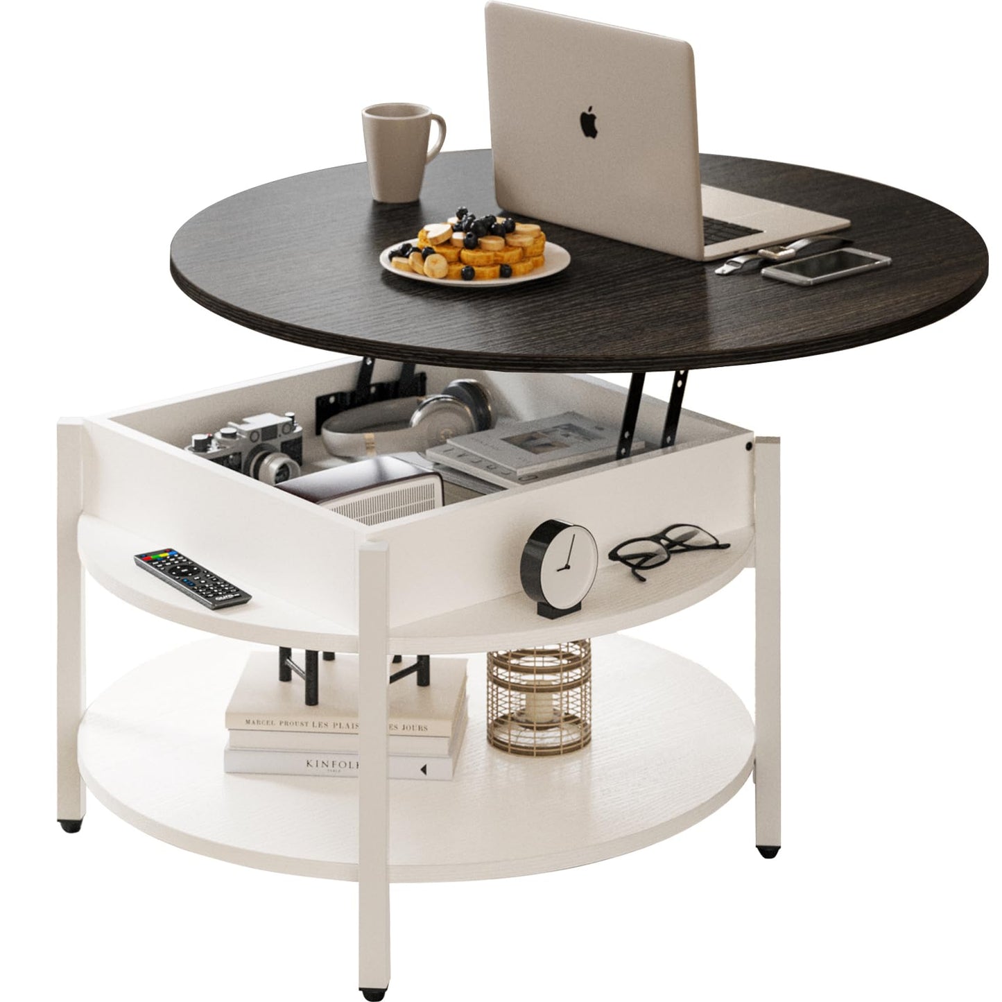 FABATO Round Lift Top Coffee Table with Storage and Hidden Compartment, 26.77'' Farmhouse Coffee Table for Living Room Reception Room, 2 Tier Small Round Coffee Table Circle Dining Table, White