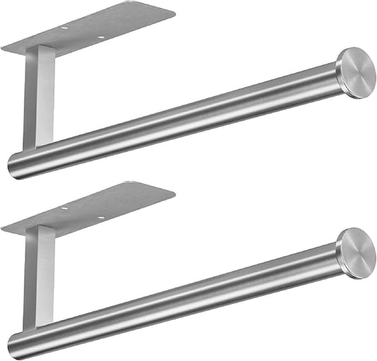 ASTOFLI Paper Towel Holder Under Cabinet No Drilling, Self Adhesive Paper Towel Holder Wall Mount for Kitchen Rack, Under Counter Napin Holder No Drill, RV, 304 Stainless Steel, Silver 2 Pack