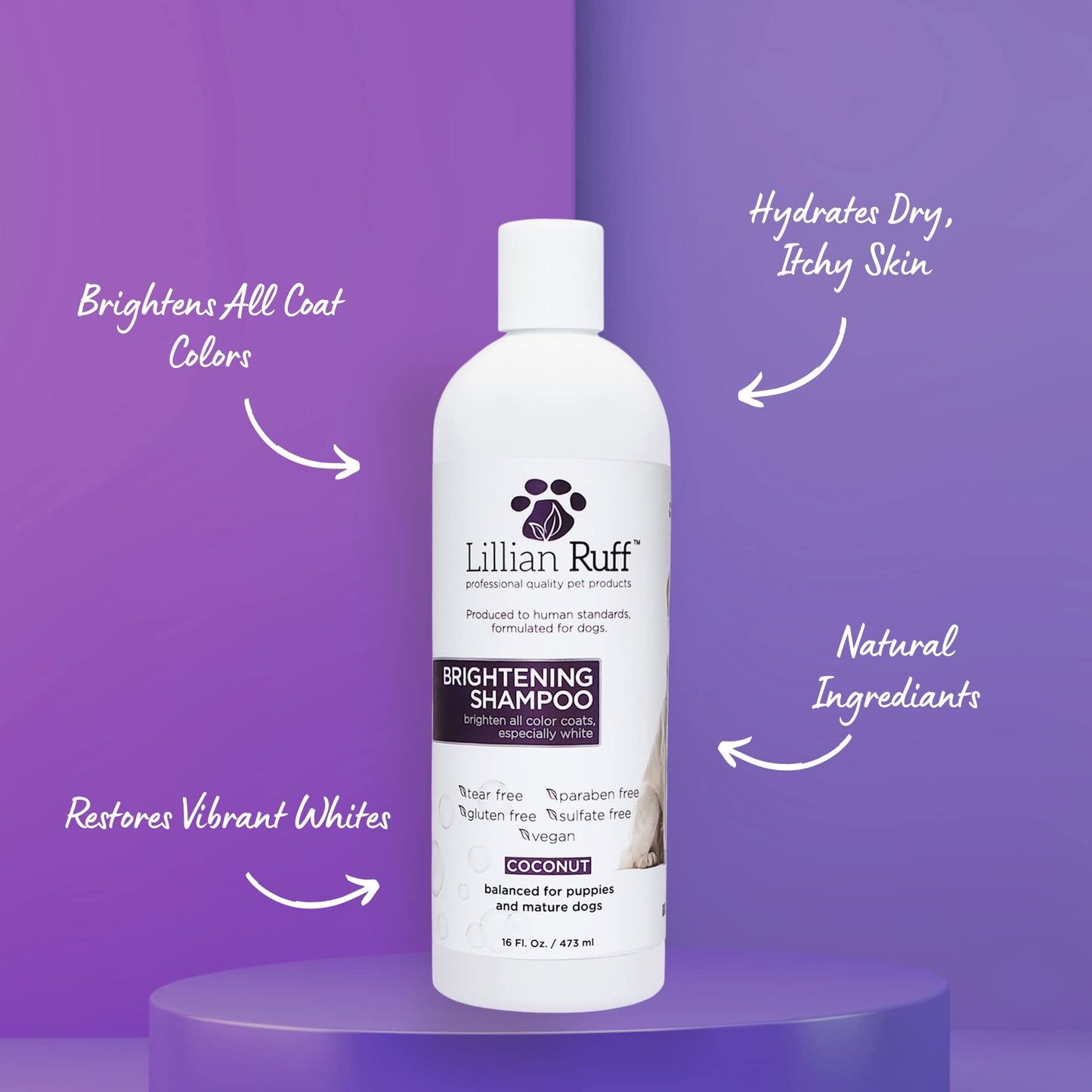 Lillian Ruff Ultra-Brightening Professional Whitening Shampoo for Dogs with Aloe & Coconut Oil for Dry Skin & Itch Relief - pH-Balanced Dog Whitening Shampoo Remove Stains, Yellowing, & Odor (16oz)