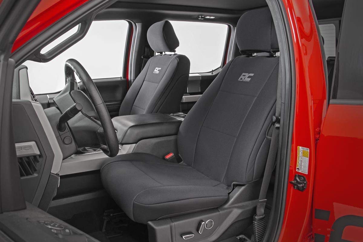 Rough Country Neoprene Seat Covers for Ford F-150/Lightning/F-250/F-350 (2015-2025) Crew Cab w/No Rear Armrest - Waterproof, UV Resistant, Foam Padded, F/R Seat Cover Set