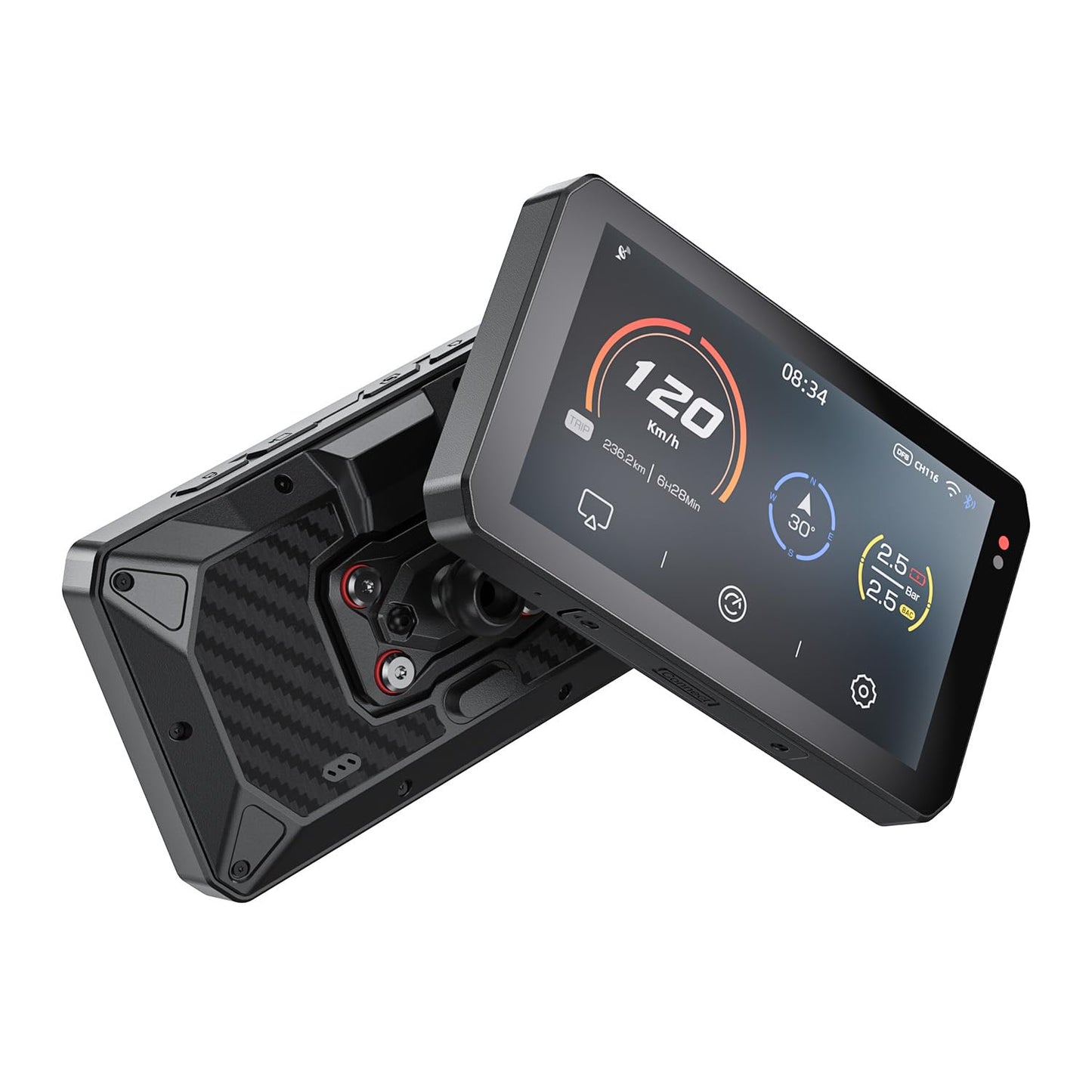 CHIGEE AIO-5Play Motorcycle Carplay Android Auto GPS Navigation System, 5" IPS LCD 60FPS, 5G Wi-Fi BT, IP68 Waterproof, Support Siri Google Assistant, Dedicated App