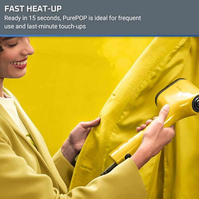 Rowenta PurePop Handheld Steamer for Clothes 1.5Lbs 15 Second Heatup,2.3 Oz Capacity 1150 Watts Portable,Ironing,Fabric Steamer,Garment Vacation Essentials,Travel Must Have Yellow DR2026 DR2026U1