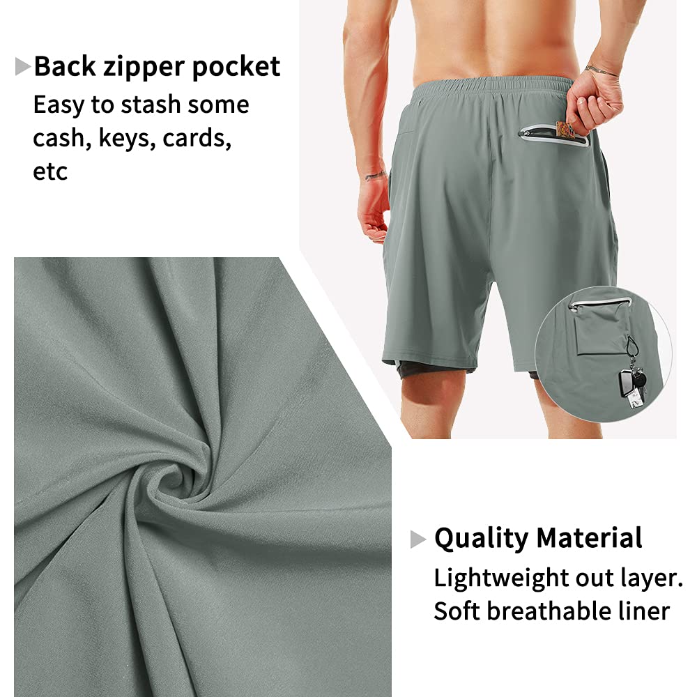 TENJOY Men's 2 in 1 Running Shorts 7" Quick Dry Gym Athletic Workout Shorts for Men with Phone Pockets Arona Blue
