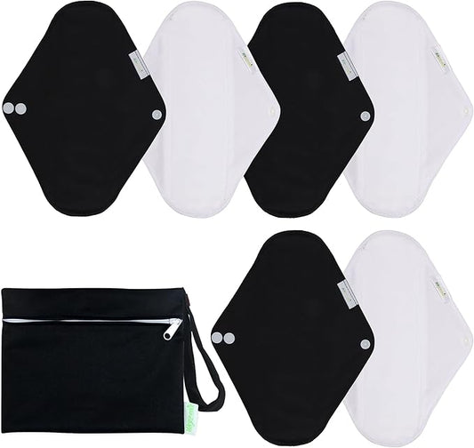 Wegreeco Reusable Menstrual Pads - Soft Cloth Sanitary Pads & Panty Liners - 6 Pack with 1 Cloth Mini Wet Bag (Small, Black, White)