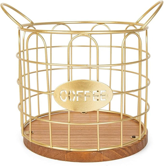Coffee Pod Holder, Large Capacity K Cup Holder Organizer,Big Metal Kcup Capsule Storage Basket with Wooden Base, Coffee Bar Decor Station Accessories for Kitchen Counter Office Desktop (Gold)