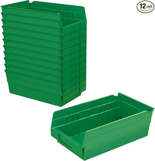Akro-Mils 30130 Plastic Shelf Bins, Heavy Duty Storage Bins for Garage, Closet, and Drawer Organization, 12" x 6-1/2" x 4", Green, 12-Pack