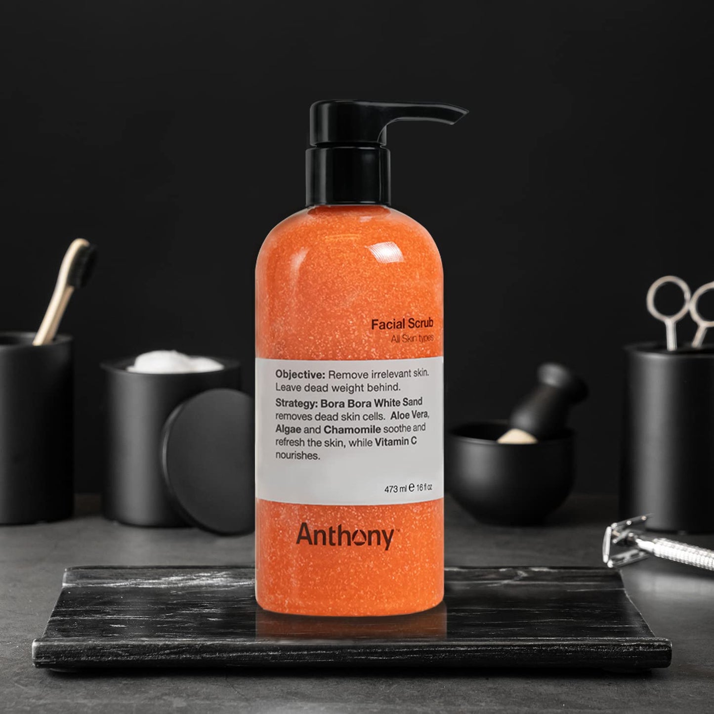 Anthony Facial Scrub, 16 Fl Oz, Contains Aloe Vera, Sand, Algae, Chamomile, Vitamin C, Soothes, Protects, Refreshes and Removes Dead Skin Cells
