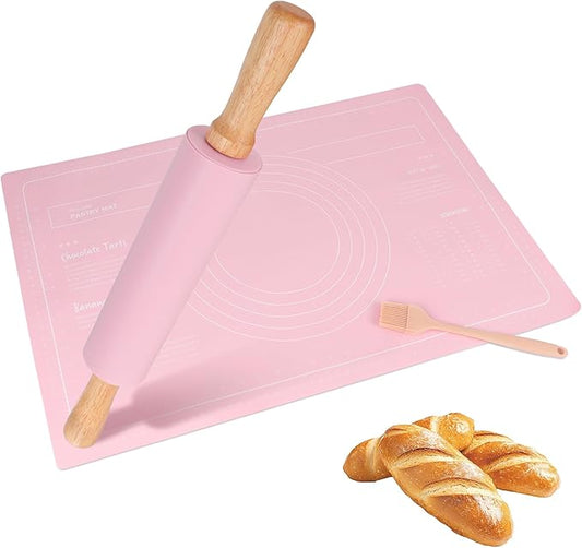 3Pcs Silicone Rolling Pin for Baking Sets,15Inch Pastry Dough Roller with Wooden Handle Silicone Mat and Brush, Non Stick Surface Rolling Pins for Dough Cookie Baking Supplies Kitchen Accessories