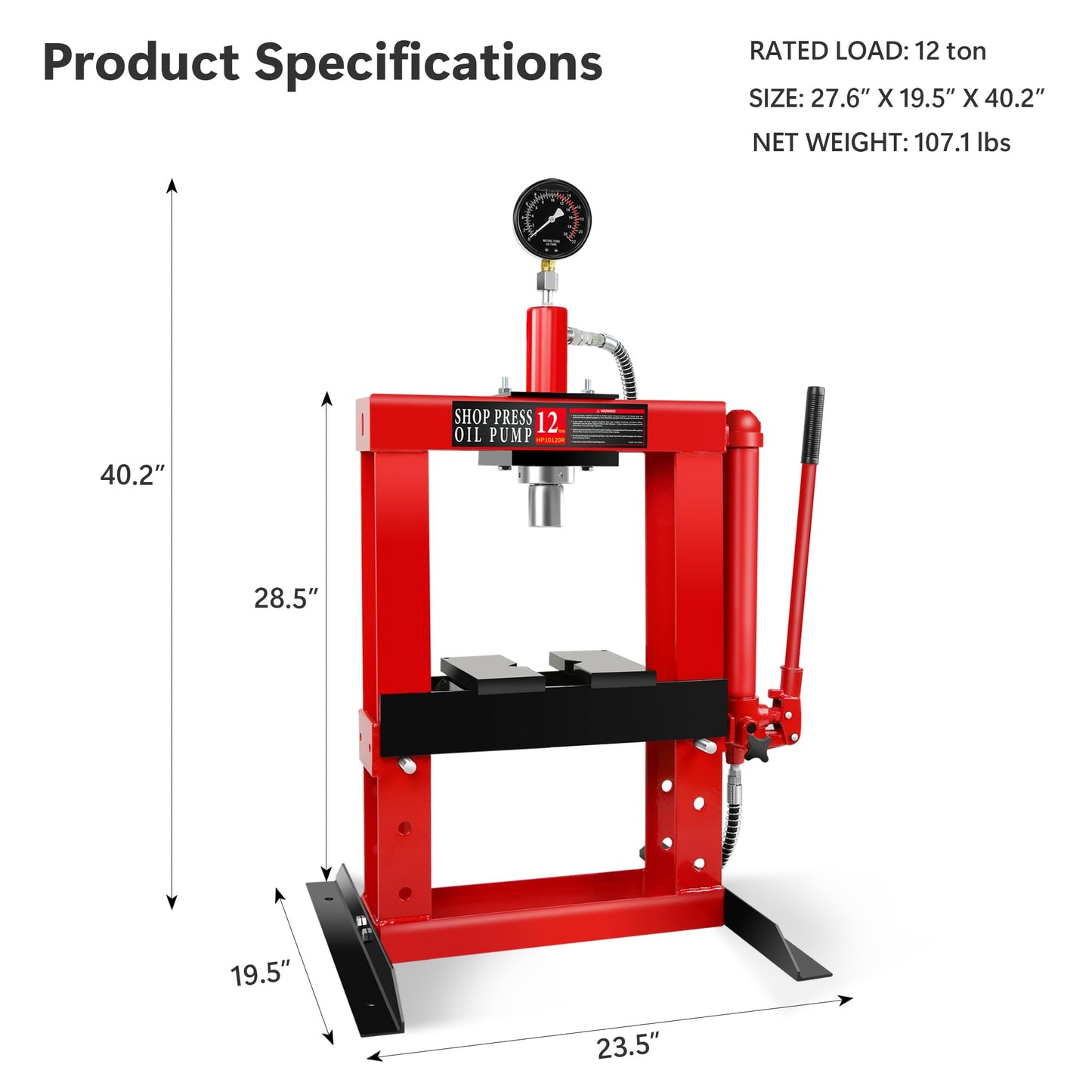 12 Ton Adjustable Benchtop Hydraulic Shop Press Metalworking Garage Workshop Tool w/Stamping Plates & Pressure Gauge Manual Hand Pump Steel Frame Compact Heavy-Duty Pressing Tool