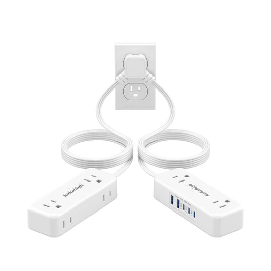 Split Extension Cord 10FT (5FT on Each Side), Single Flat Plug Twin Extension Cord with 4 AC Outlets, 2 USB-A & 3 USB-C(24W/4.8A), Nightstand Charging Station for Bedroom Dorm Room Home, His and Hers