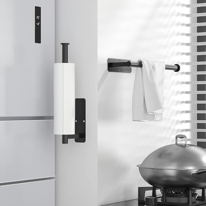ASTOFLI Paper Towel Holder Under Cabinet No Drilling, Self Adhesive Paper Towel Holder Wall Mount for Kitchen Rack, Under Counter Napin Holder No Drill, 304 Stainless Steel Matte Black