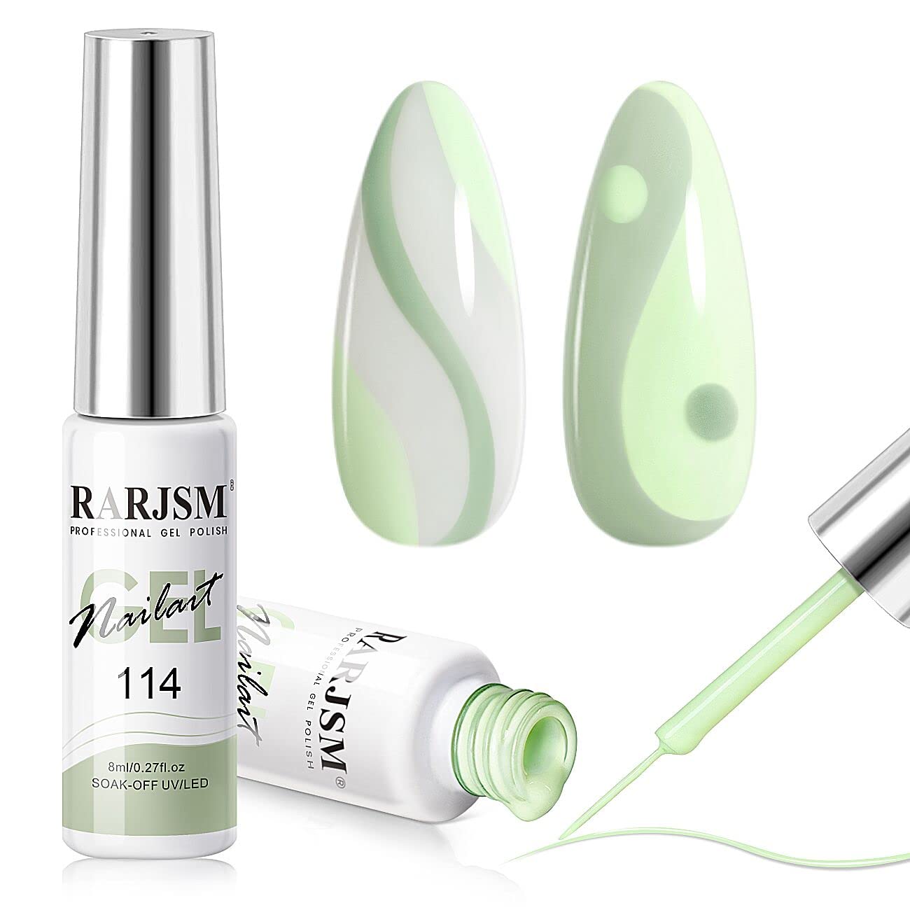 RARJSM Nail Art Liner Gel Nail Polish,Pastel Green Spring Summer Colors Pigment Gel Art Paint for Swirl Nails Painting Design Detailing Built in Thin Sharp Nail Brush Soak off Curing Required 8ml