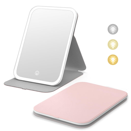 Kintion Travel Makeup Mirror, Portable LED Lighted Makeup Mirror, 360° Rotation Touch Screen Vanity Mirror, 60 LEDs, 3-Color Dimmable Lighting, Rechargeable Tabletop Folding Cosmetic Mirror, Pink
