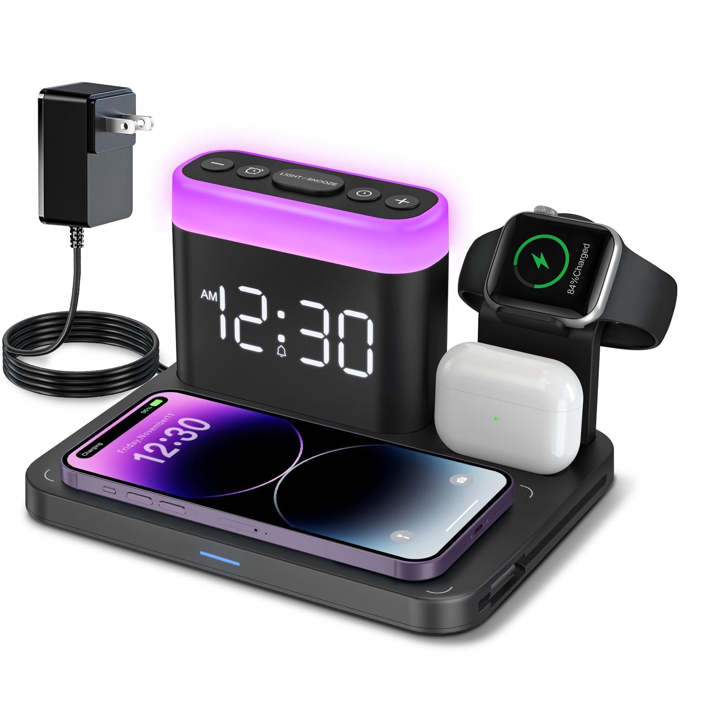 ANJANK Wireless Charging Station,5 in 1 Multiple Charger Stand with Alarm Clock,7 Night Light,Mag-Safe Charging Dock for iPhone 16 15 14 13 12 11 Pro Max Plus,Apple Watch10/9/8/7,for Airpods,Bedrooms