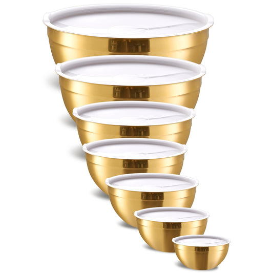 Onlycooker Gold Mixing Bowls With Airtight Lids,Stainless Steel Bowl,Salad Bowls 7 Piece Colorful Nesting Bowl Rainbow Kitchen Accessories,Size 7,3.6,2.7,2.1,1.5,1.1,0.8QT Stackable Design
