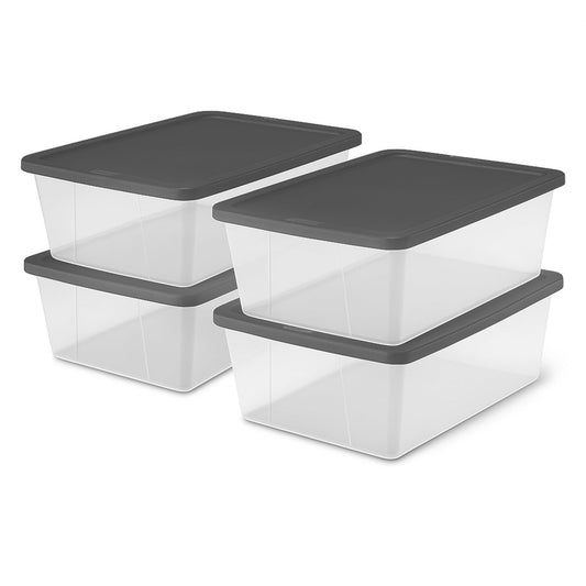 HOMZ 4-Pack Snaplock, Small Clear Plastic Storage Organizer Bins w/Lids, 12 Quart, Gray - Stackable Container Boxes for Bedroom, Bathroom, Garage, and Office Organization