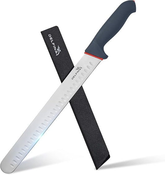 DELFINA 12 Inch Brisket Slicing Knife W/Sheath & SoftGrip Handle, Sharp Premium Carving Slicing Knife For Meat Cutting, Great for Slicing Roasts, Meats, Fruits and Vegetables