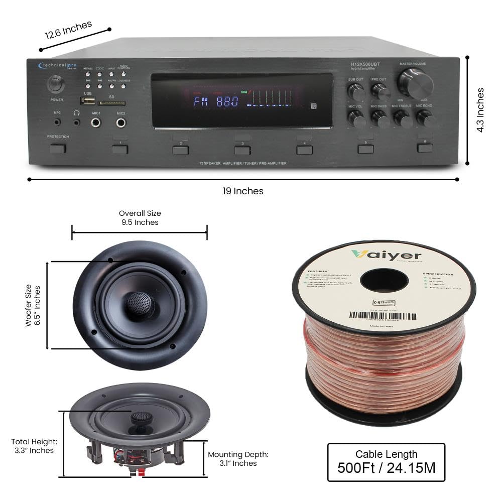 Vaiyer Home Audio System Kit, 6-Channel 6000 Watts Bluetooth Amplifier with 6.5" 8 QTY of 200 W Each Frameless in-Wall in-Ceiling Speakers & 16 AWG 500 ft. Speaker Wire - Perfect for Home, Office, Bar