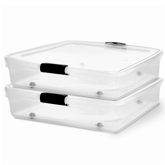 HOMZ 2-Pack Under Bed Storage, Clear Plastic Containers with Lids, 56 Quart, Gray Latch - Stackable Underbed Organizer Bins for Shoes, Bags, Clothes, and Towels