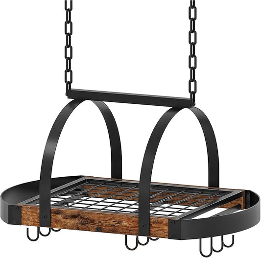 CHOEZON Hanging Pot Rack, Pot Hanger for Kitchen, Ceiling Mounted Pot Holder, Cookware Organizer with 9 S-Shaped Hooks, for Pot, Pan Storage, Space-Saving, Rustic Brown and Black TPR07BF