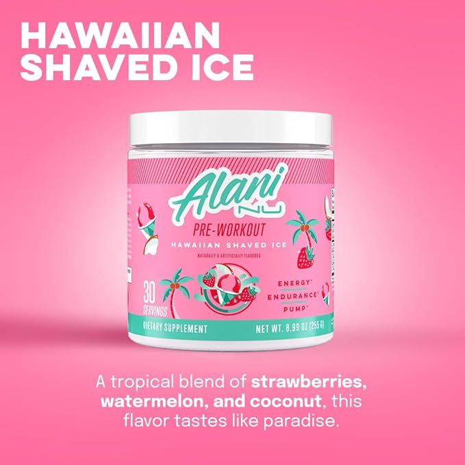 Alani Nu Pre Workout Powder Hawaiian Shaved Ice | Amino Energy Boost | Endurance Supplement | Sugar Free | 200mg Caffeine | L-Theanine, Beta-Alanine, Citrulline | 30 Servings