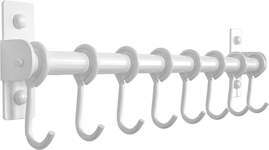 Dseap Kitchen Utensil Holder Hanger, Pot and Pan Rack Wall Mount, Kitchen Rail with 8 Hooks for Hanging Cooking Utensils, Mugs, Spoons, Wall Mounted, Stainless Steel, White