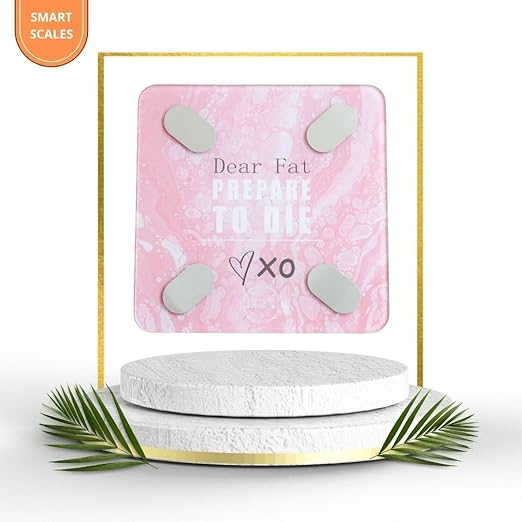 Smart Digital Scale - Motivational Modern Design, Weight Scale, Body Fat Monitor, 12 Key Composition, iOS Android APP, Auto Recognition, BMI, BMR, Bluetooth Smart Bathroom Scale. (Pink)