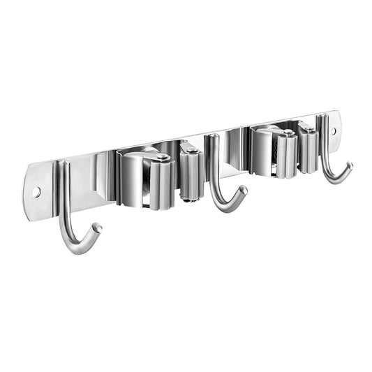 Nuulyycyi Broom and Mop Holder Wall Mounted, Broom Hanger Storage Rack, Stainless Steel Mop Hanger, Dustpan Holders with 2 Racks and 3 Hooks, Heavy Duty utility hooks for hanging brooms and mops