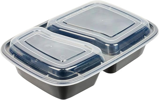 Asporto 32 Ounce Compartment Take Out Boxes, 50 Microwavable Meal Prep Containers - 2 Compartments, With Clear Plastic Lids, Black Plastic Food Containers, Do Not Contain BPA - Restaurantware