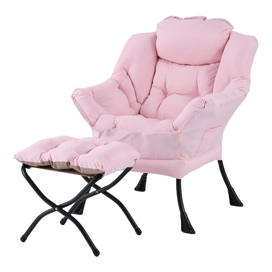 MBOOYOME Lazy Chair with Folding Ottoman, Modern Accent Lounge Armchair with Armrests and a Side Pocket & Foldable Footstool, Leisure Reading Chair for Living Room, Bedroom, Dorm & Office, Pink